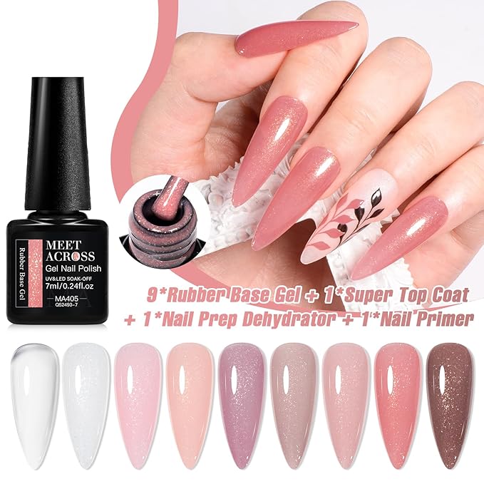 MEET ACROSS Rubber Gel Base Coat for Nails, 12Pcs Jelly Rubber Base Gel Polish for Nails Shiny Nude Sheer White Pink Long Lasting Protect Soak Off U V LED Builder Gel For Thin Weak Nails