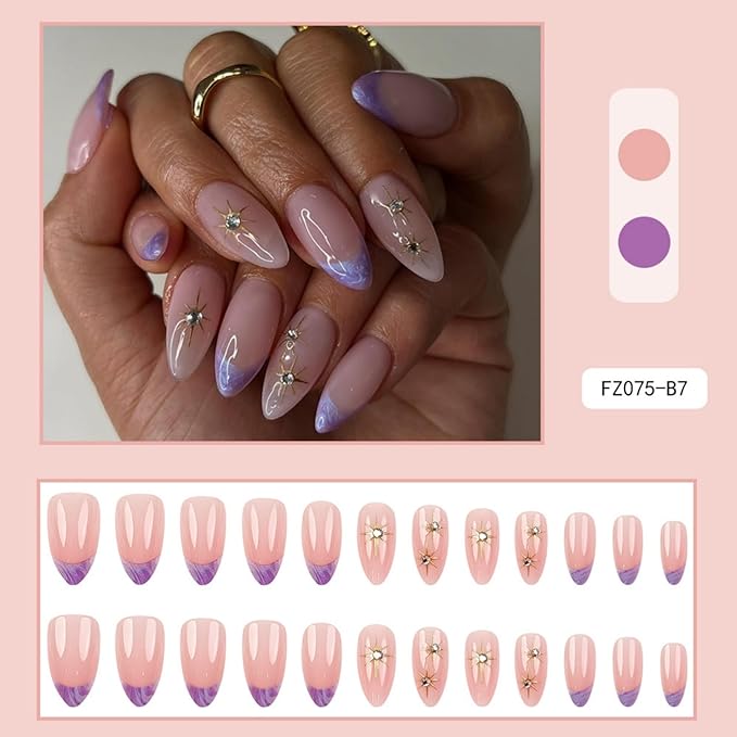 Medium Press on Nails Almond Fake Nails French False Nails Purple Artificial Nails with Gold Star and Rhinestones Designs Nude Stick on Nails for Women 24pcs