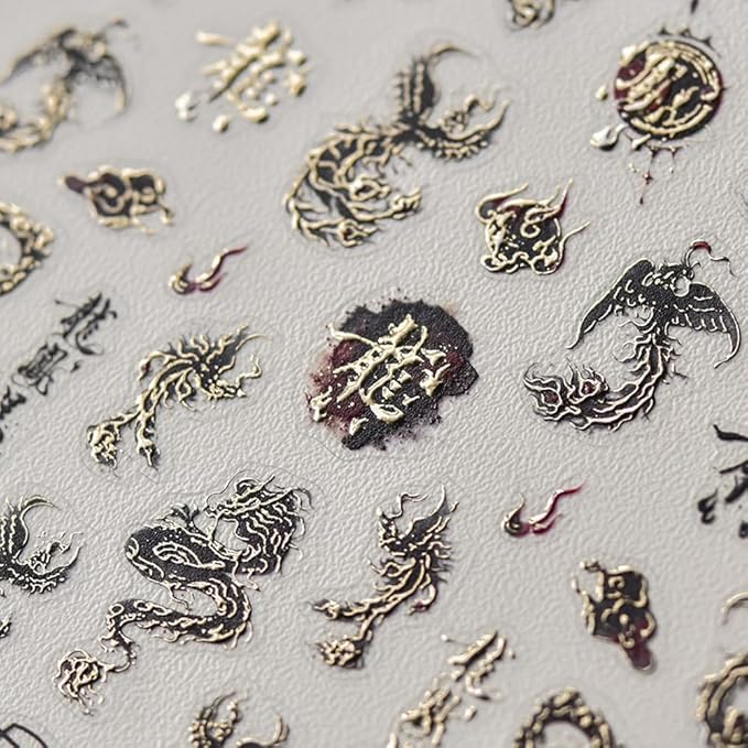 Halloween Dragon Phoenix Nail Art Stickers 5D Nail Decals Embossed Black Gold Fire Dragons Sticker for Women Girls DIY Nails Manicure Salon (Dragon)