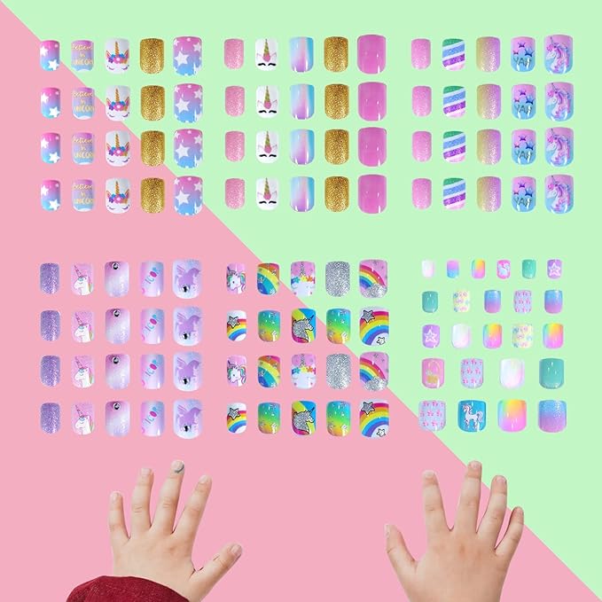 SIUSIO 124 Pcs 6 Pack Children Acrylic Fake Nails Press on Cute Pre-glue Full Cover Glitter Gradient Color Rainbow Short Kids Stick On False Nail Art Kits Set for Kids Little Girls - Dreamy Fairy