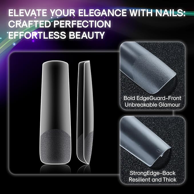 Flattened No C Curve, XXL Square Nail Tips, Full Matte Clear Half Cover Tapered Square Straight Flat Tips for Acrylic Nails Salons Home DIY Extensions(12 Sizes 240PCS)