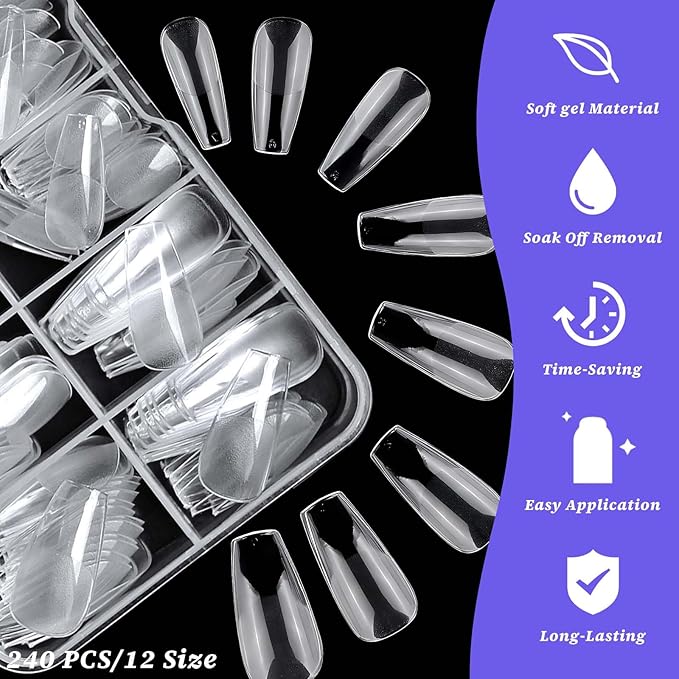 240pc Medium Gel Nail Tips Coffin Fake Nails Clear Press ons Nail, Medium Coffin Nails Tips Acrylic Nails Extension Soft Gel Nails Tip Full Cover False Nail Clear Artficial Fingernail
