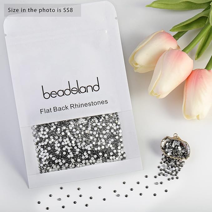 Beadsland 2880pcs Flat Back Crystal Rhinestones Round Gems for Nail Art and Craft Glue Fix,Black Diamond,SS8,2.3-2.5mm