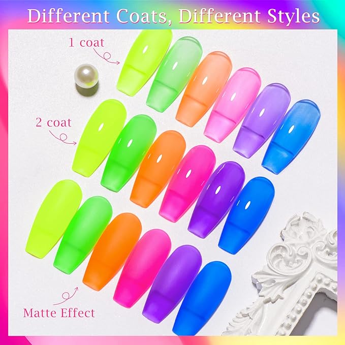 MTSSII Jelly Gel Nail Polish Translucent Neon Nail Polish Hot Pink Blue Purple Rainbow Neon Yellow Green Orange Gel Polish See Through Nail Trend Soak Off UV LED Nail Art Manicure Kit