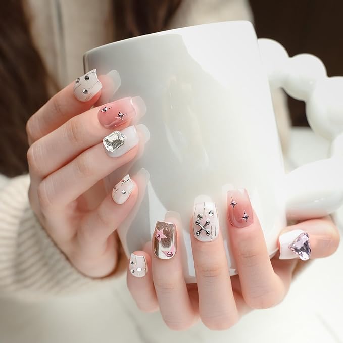 Sun&Beam Nails Handmade Press-on Short Coffin Ballerina Pink White Silver Rhinestone Heart 3D Design Fashion False Nail Tips 10 Pcs Set (#203 L)