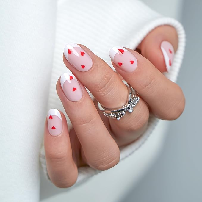 CurvLife Short Oval Press on Nails, Pink Heart French Tip Fake Nails, Reusable Soft Gel Glue-on Nails with Adhesive Tabs, Salon Quality for Women Girls