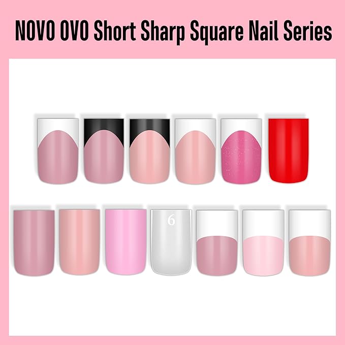 NOVO OVO Short Sharp Square Nail Tips Press on Pure Color Pink, Need Builder Gel Top Coat Nail Glue, Soft Gel Matte Fake Nail Extension, Full Cover False Nails for Salon DIY x 15 Sizes 180 pcs