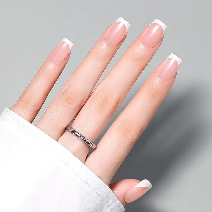 Luxbon Square Press On Nails with No-Cure Nail Glue and Tool Kit – French Manicure Glue On Nails 30-32pcs Full Size Set, Reusable Fake Nails for Women, Salon Look at Home, Optical Plating, White