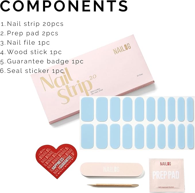 Semi Cured Gel Nail Strips - NAILOG 20 Pcs Blue Nail Stickers Extra Long Wraps with Glossy Gel Finishing for Summer, Baby Blue