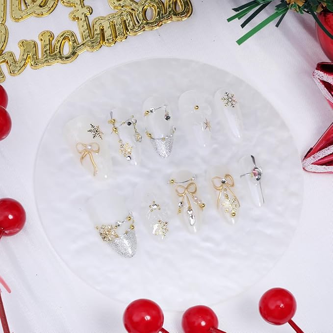 10Pcs Christmas Handmade Press on Nails Medium Almond Fake Nails White Flower False Nails with Gold Bow Snowflake Rhinestones Design Full Cover Artificial Glue on Nails Winter Stick on Nail for Women
