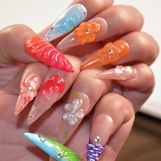 Handmade Press On Nails Long Stiletto Fake Nails Glue Stick On Nails with Flowers Bling Rhinestones