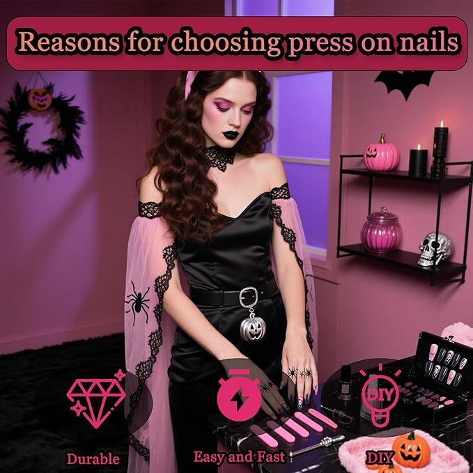 24pc Pink and Black Long Square Press On Nails with Blood Knife and Cobweb for Costumes, Reusable Nail Kit with Adhesive Tabs, 12 Sizes (Pink and Black)