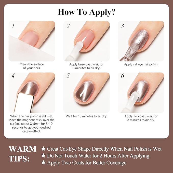 Cat Eye Nail Polish Air Dry Fast, Nail Polish Non Gel with Magnetic, Brown Metallic Nail Lacquer Holographic Fingernail Polish Mooncat Nail Concealer Polish For Nail Art Long Lasting 1PC
