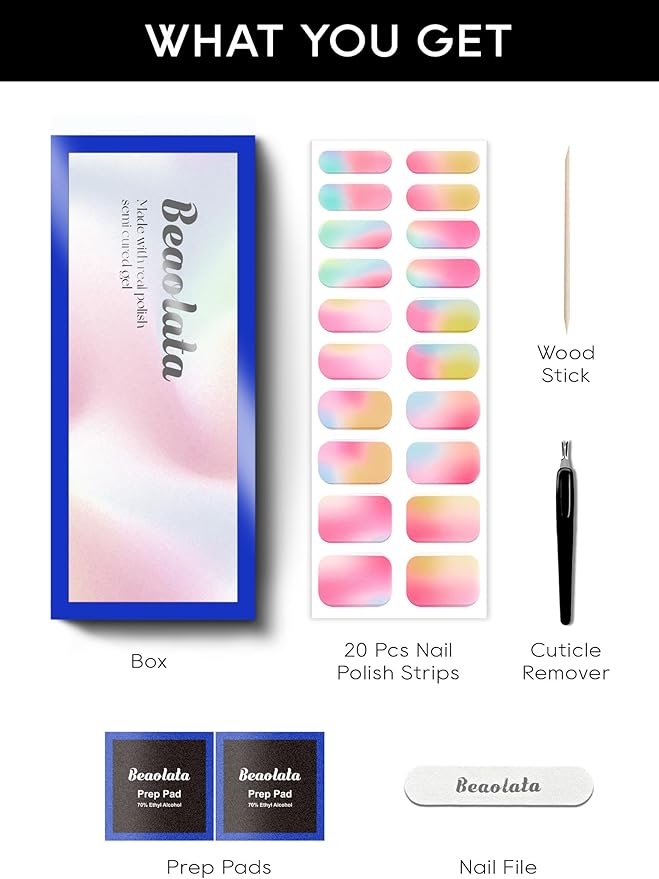 Semi Cured Gel Nail Strips - UV Light Gel Nail Stickers - 20 Long Lasting Salon Quality Wraps (Joyful Drops Pink)