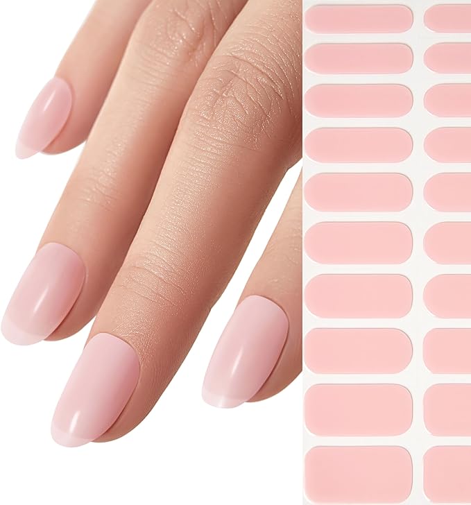 Semi Cured Gel Nail Strips - NAILOG 20 Pcs Pink Nail Stickers Extra Long Wraps with Glossy Gel Finishing for Spring Summer, Rosy Veil