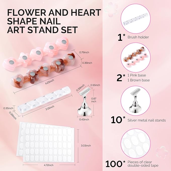 MelodySusie Nail Stand for Press Ons, Flower and Heart Shape Magnetic Base for Painting Display with Brush Holder and 100 Pcs Reusable Double-Sided Tape for Home DIY Salon Supplies, Pink and Coffee
