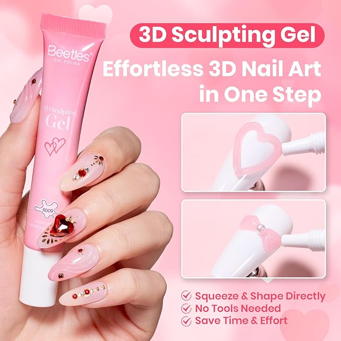 Beetles Rhinestones Glue Kit - 3D Gel Nail Art & Sculpting Gel Glue and with Heart Charm Diamond Jewelry, Spring Nail Decorations for DIY Gel Nail Polish