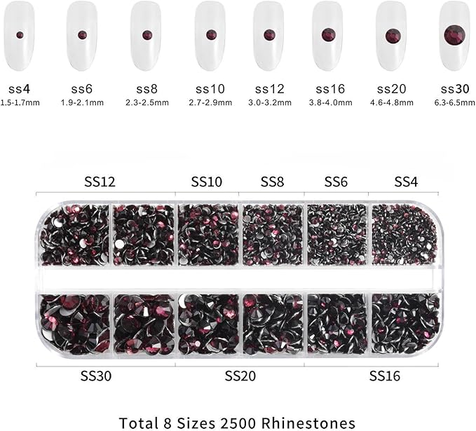Beadsland Rhinestones for Makeup,8 Sizes 2500pcs Burgundy Flatback Rhinestones Face Gems for Nails Crafts with Tweezers and Wax Pencil,Amethyst,SS4-SS30