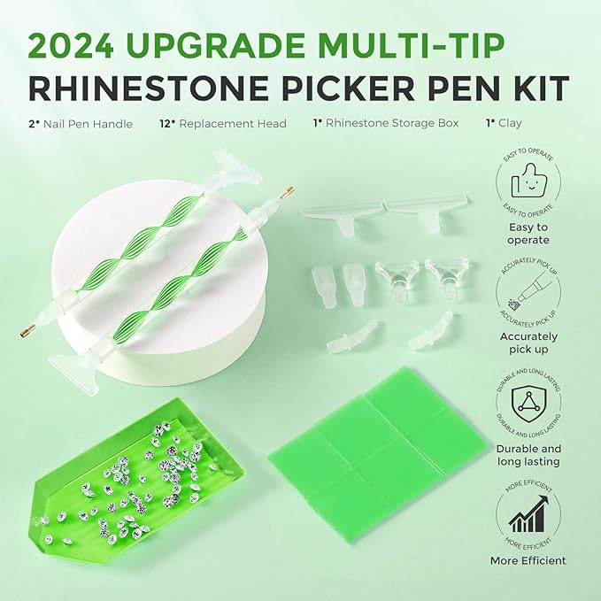 Rhinestone Picker Tool Kit: 2Pcs Rhinestone Picker Handle, Dual-Ended Rhinestones Applicator Bedazzling Tools Pen with 12 Upgraded Plastic Replacement Tips, Clay Nail Art Craft (Green)