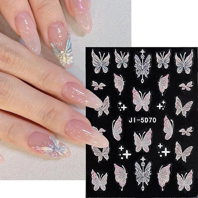 Nail Stickers, 5 Sheets Self-Adhesive Shiny Butterfly Nail Stickers for Nail Art, Diverse Floral Butterfly for Creative DIY Manicures