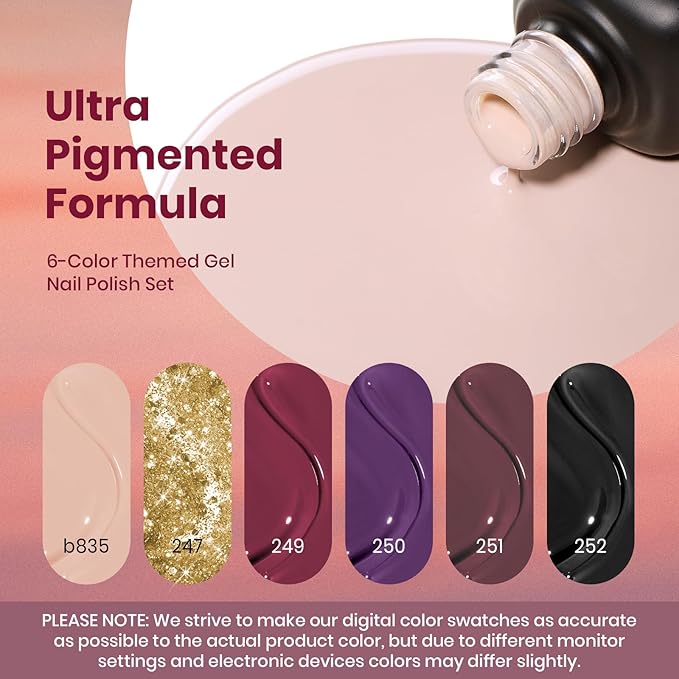 Beetles Gel Nail Polish Set – 6PCS Burgundy Purple Glitter Nude Plum Gold Gel Nail Polish Kit Soak Off UV LED Terra Dusk Colors DIY Home Salon Valentines Gift for Women