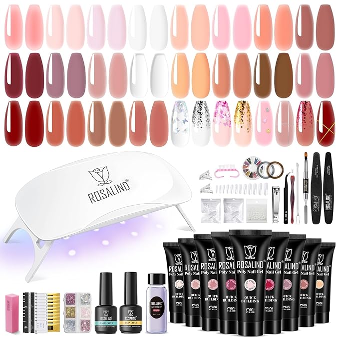 ROSALIND Poly Nail Gel Kit -20 Colors + 76 Nail Art Accessories kit Clear Nude Poly Nails Gel Starter Kit With Slip Solution Pro Nude Pink Nail Extensions with Mini UV Lamp
