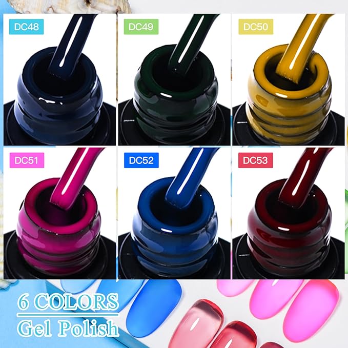 MTSSII 6Pcs Neon Jelly Gel Nail Polish Set Clear Crytal Glass Gel Polish Kit Iridescent Colors Transparent Nail Polish Pink Red Blue Green Yellow Nail Art Manicure DIY Gift