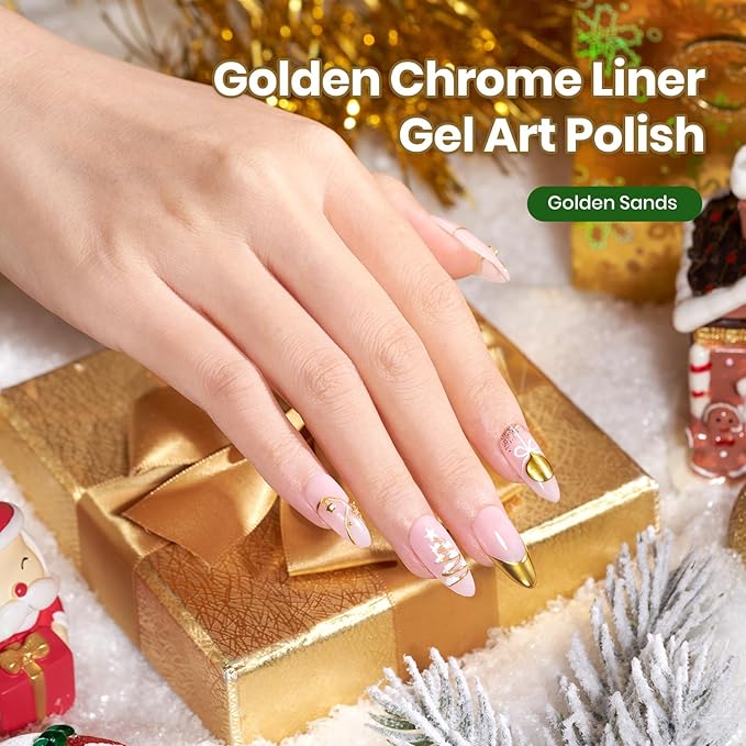 Beetles Gold Gel Liner Nail Polish 7ml Metallic French Tip 3D Mirror Effect Metal Painted Gel Polish Build in Thin Brush French Line Nail Art Soak off Uv Lamp Manicure Salon Gifts for Girls