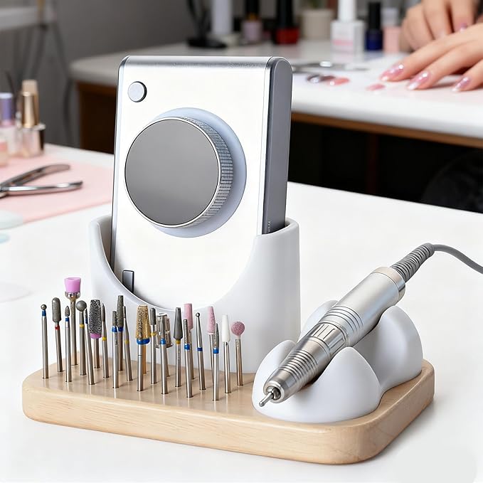 Nail Drill Bit Holder and Organizer, 24 Hole Wooden Base with Soft Silicone Holder for Nail Drill Machine and Grinding Pen, Desktop Storage Case for Nail Techs, Home Salon Use and Nail Art Tools