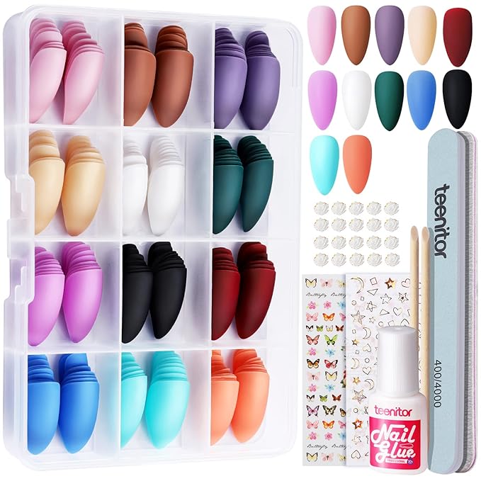 Teenitor Almond Press On Nails, 12 Color 288Pcs Matte Glue On Nails Almond Shape Press On Nails Medium Length Fake Nails