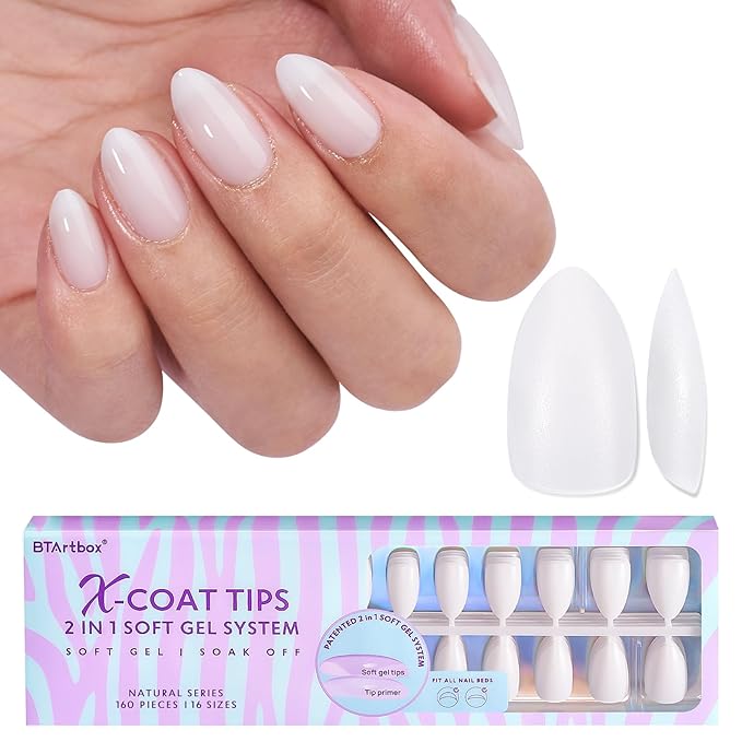 BTArtboxnails Almond Gel Nail Tips Short - Pre Colored Milky White Soft Gel Nail Tips, Milky White Press on Nails, Natural XCOATTIPS