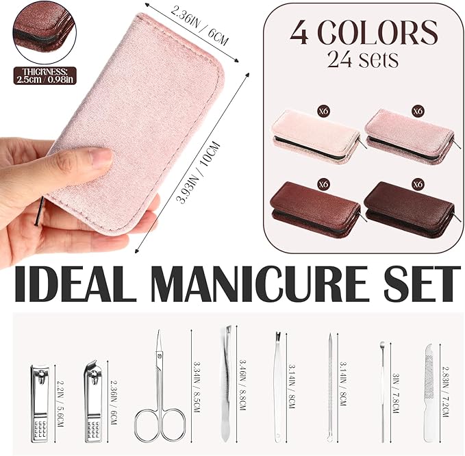 Coume 24 Sets Mini Manicure Set Bulk for Women Men Gifts for Coworkers Nail Grooming Kit 8 in 1 Nail Clippers Kit Luxurious Travel Case Stainless Steel Nails Clipper Set(Brown Series)