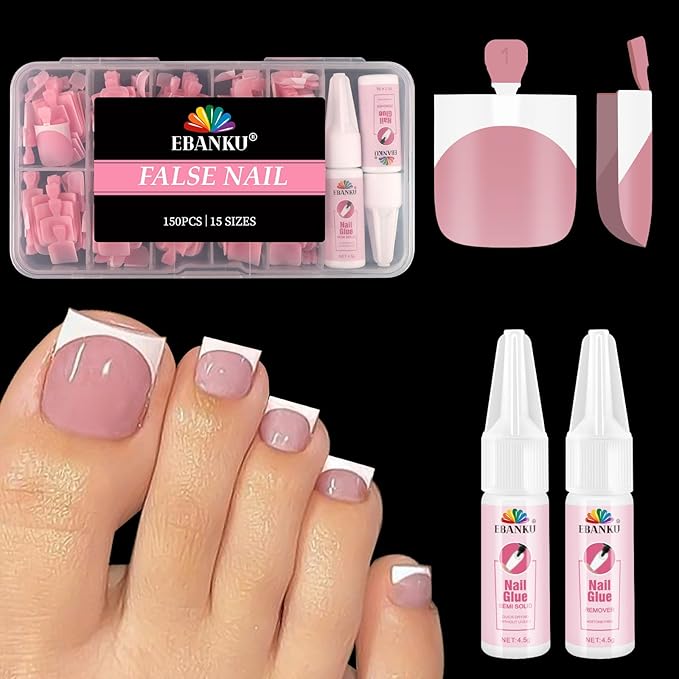 EBANKU Toe Nail Press On with 2 Nail Glue, 150pcs Square French 15 Sizes Thick Soft False Toenail Extension, Pink Full Cover Acrylic for Women Nail Art DIY