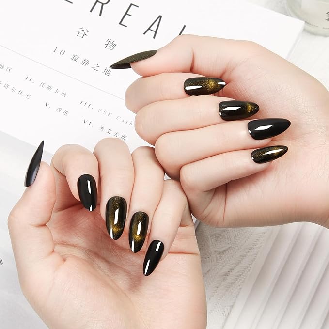 Glue On Nails Almond Black Goth - Cat Eye Mysterious Shine Handmade Reusable Nails for Gothic Chic Look, 24 Nails in 12 Sizes with Glue, Adhesive Tabs, File, Prep Pad, Manicure Stick