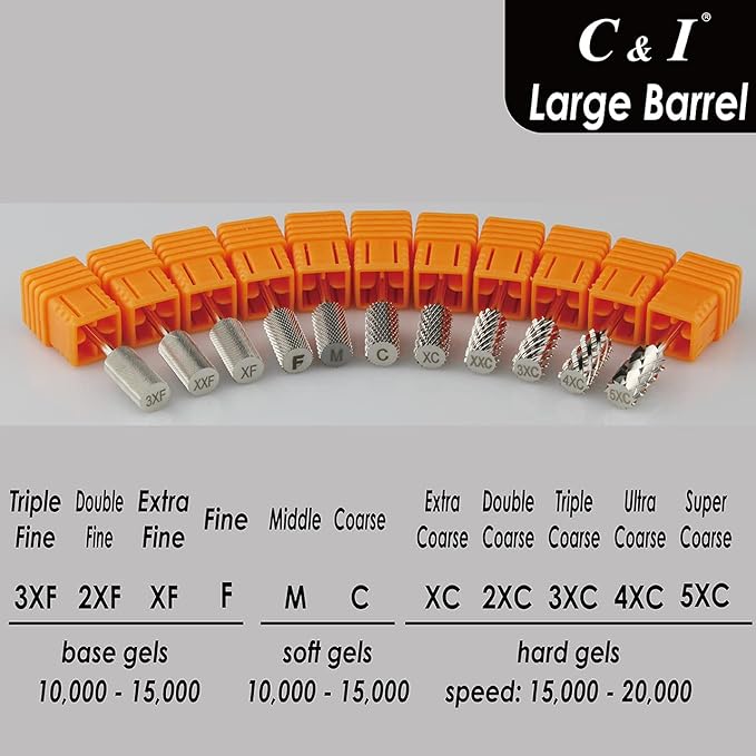 C & I Large Barrel Nail Drill Bits, Professional Electric File for Manicure Drill Machine, Nail Gels Remove, 3/32” (Extra Coarse -XC)