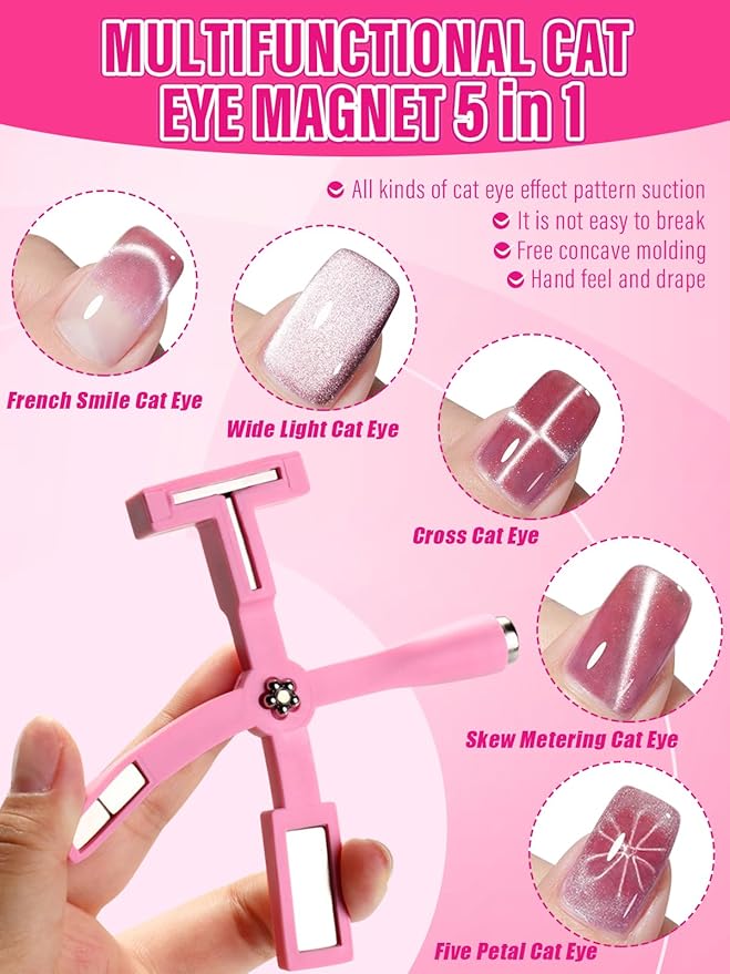 TOROKOM 5-in-1 Cat Eye Magnetic Nail Art Tool, Double-Ended Hexagon, Pink