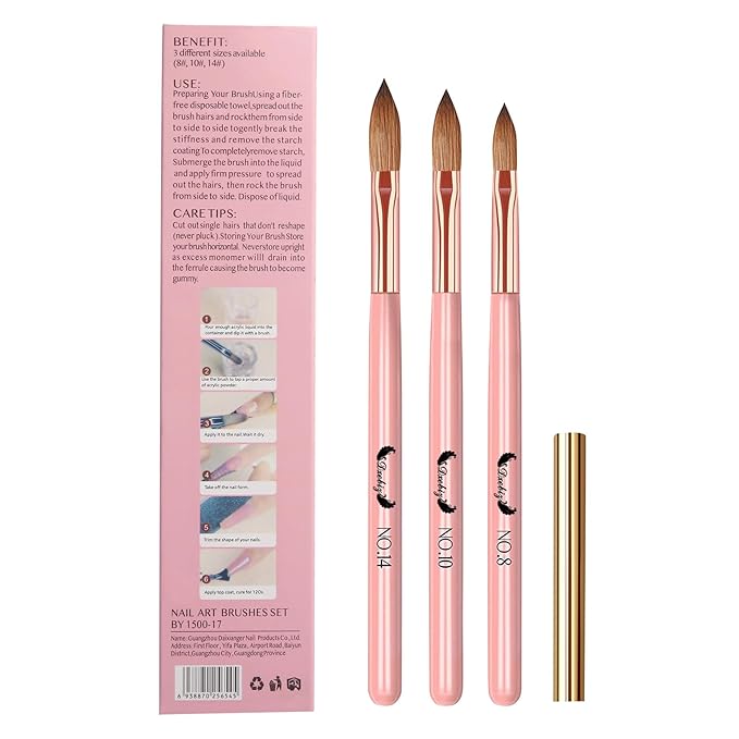 3 PCS Nail Brush Set, Professional Nail Art Brush Size 8/10/14, Nail Brushes for Acrylic Powder, 3D Nailcarving Tool Brushes Festival Women Gift Set, Art Brush for Beginner and Professional, PInk