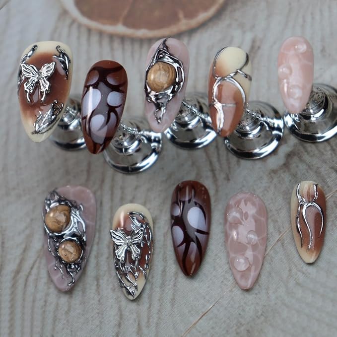 Brown Ombre Press on Nails Butterfly Fake Nails Medium Almond False Nail with Metal Design Silver Glue on Nails Handmade Nail Press ons Y2K Stick on Nail for Women Girls Cool Manicure (M)