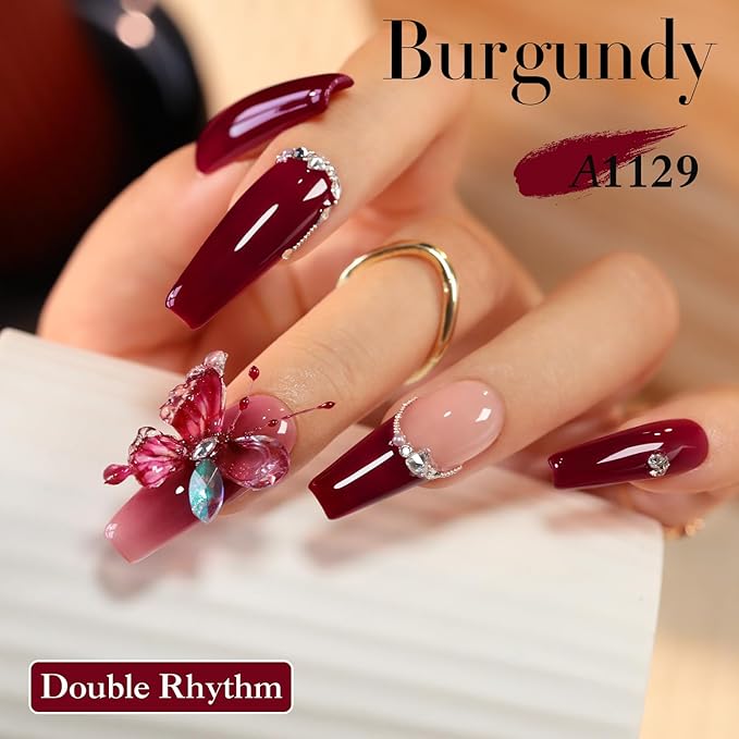 Double Rhythm 0.50 OZ Gel Polish Hema Free Same Color Same Bottle Golden Round Translucent Neutral Natural Milky 15 ML Jelly UV Polish Art DIY at Home (Burgundy-C1129)