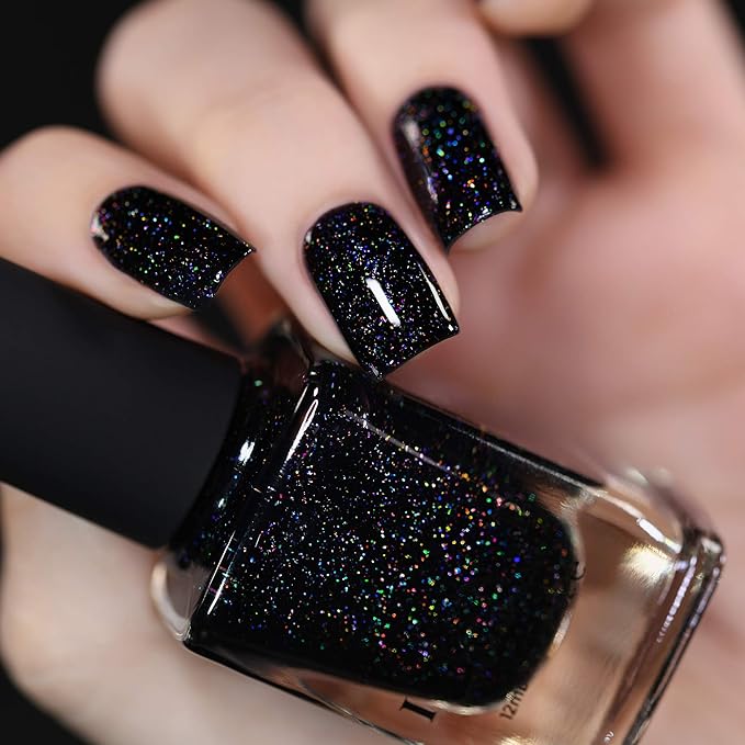 ILNP Party Bus - Black Rainbow Flake Holographic Shimmer Nail Polish, Chip Resistant, 7-Free, Non-Toxic, Vegan, Cruelty Free, 12ml
