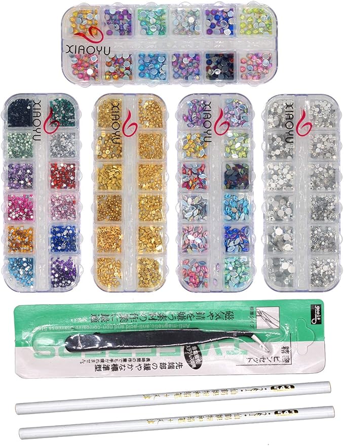 Xiaoyu 5 Boxes Nail Art Rhinestones Kit Nail Rhinestones Multicolor Nail Studs Horse Eye Rhinestones for Nail Art Decorations Supplies with 1PC Tweezers, 2PCS Wax Pencils, D