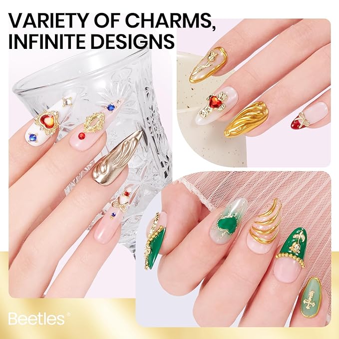 Beetles Gold Nail Charms Set 54PCS Metallic Nail Art Tools Bows Cross Butterfly Heart Pearl and Flowers 3D Nails Charms and Gems for Nails Art Design Gold Metal Manicure Accessories