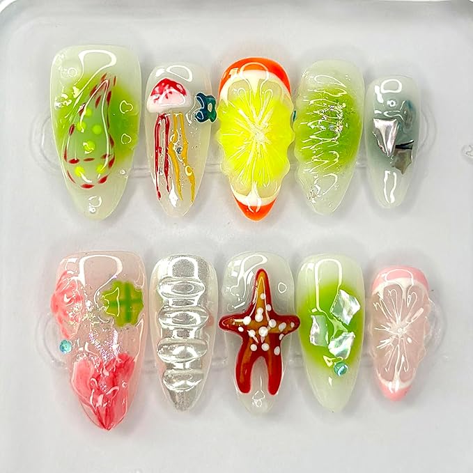 Luxury Press on Nails Medium Almond Handmade 3D Unique Reusable ABS Material Fake Nails French Tip False Nails with Designs Fruit Starfish Art Glossy Glue on Nails Thick Acrylic Nails(S)