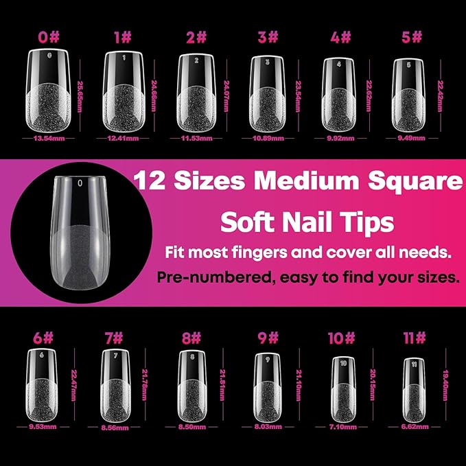 Medium Square Nail Tips, 504pcs Artificial Full Cover Square Nail Tips 12 Sizes Half Matte Clear Soft Pre-shaped Acrylic Gel Nails Tips for Nail Extensions Manicure Salon Home DIY