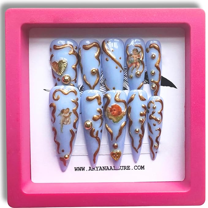 ARYANA NEW YORK Luxury 3D Press-On Nails – Handmade Long Stiletto False Nails for Women, Acrylic Look Blue Design with Gold Beads | Blue Angels Collection (Medium)