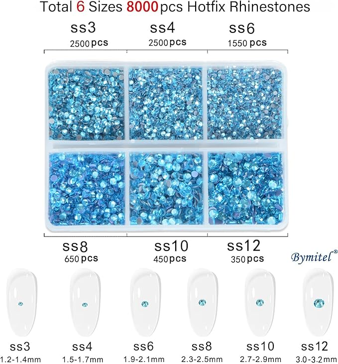Bymitel Hotfix Crystal Rhinestones Round Gems for Crafts,Mixed 6 Sizes with Wax Pencil Kit, Aquamarine1.3-3.2mm(SS3-SS12/8000pcs)