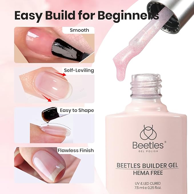 Beetles HEMA-FREE & TPO FREE Builder Nail Gel-Muted Bloom 6 Colors Strengthening Nails Building Apex & Extension for Beginner DIY Salon at Home,Jelly Nude Pink Glitter Builder Gels UV & LED Lamp Need