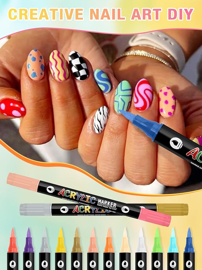 EBANKU 24 Colors Nail Art Pens Set, 3D Nail Polish Pens Quick-Drying Nail Art Markers Acrylic Paint Nail Point Graffiti Dotting Liner Pen No Squeeze Needed