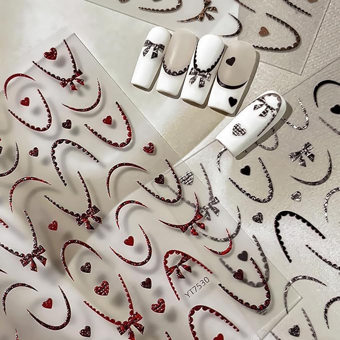5D Embossed French Tip Nail Stickers for Nails Self-Adhesive Art Valentines Day Nail Art Stickers Cute Nail Decals with Black Red French Line Bow Heart Designs Manicure Decorations for Women 2 Sheets
