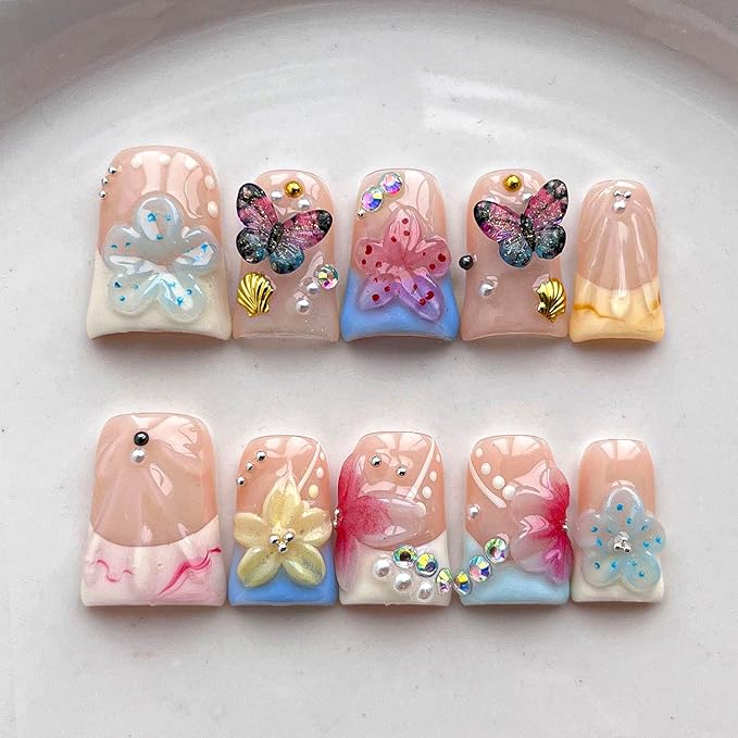 French Tip Press on Nails Handmade Short Duck 3D Flower Thick Acrylic Nails Cute False Nails with Stars Butterfly Polka Dots Designs Beachy Glossy Fake Nail Sturdy Art Press on Nail 10Pcs(S)